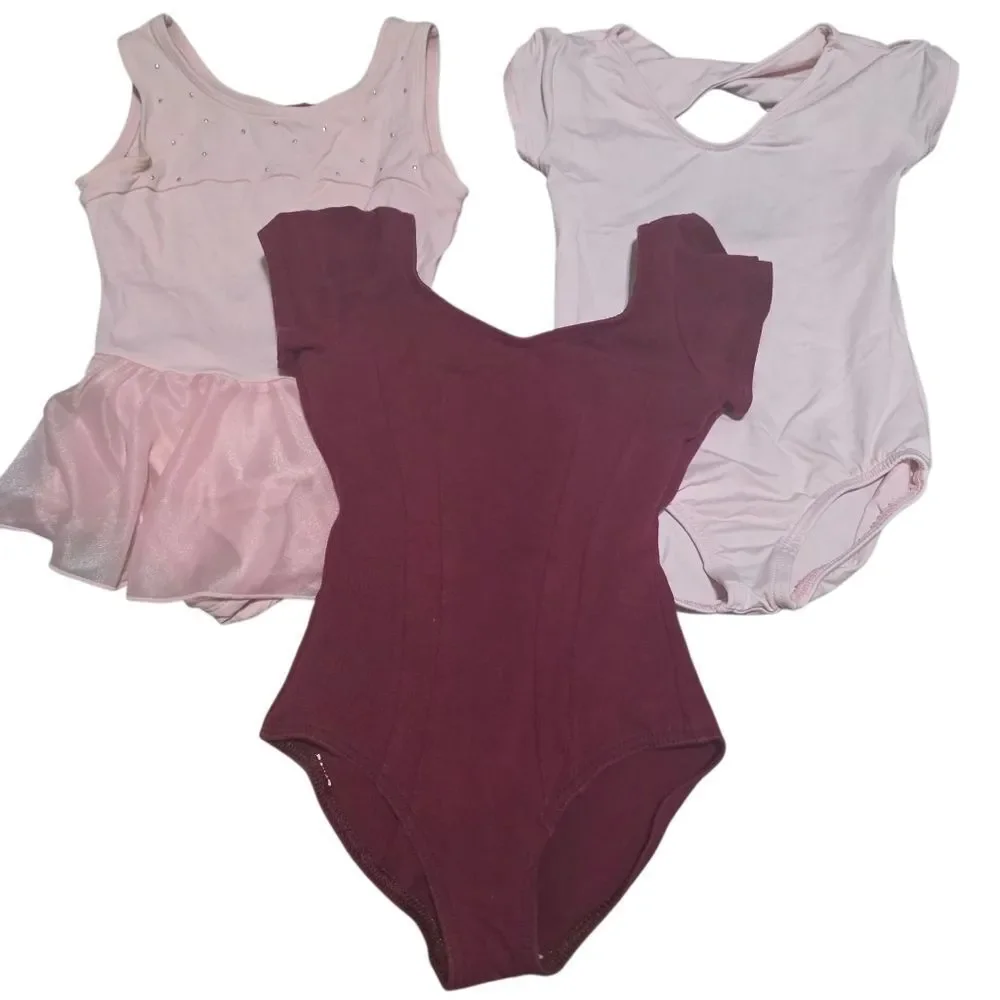 Set of Three Ballet Leotards in Pink and Burgundy
